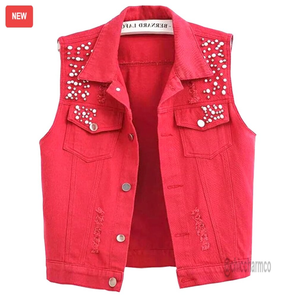 Denim Vest With Pearl Beading Ripped Sleeveless Waistcoat Y2k Chic